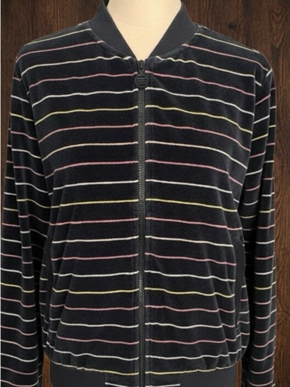 Marine Layer Jacket Blade Collar Navy Striped Zip Up Bomber Organic Cotton 80’s